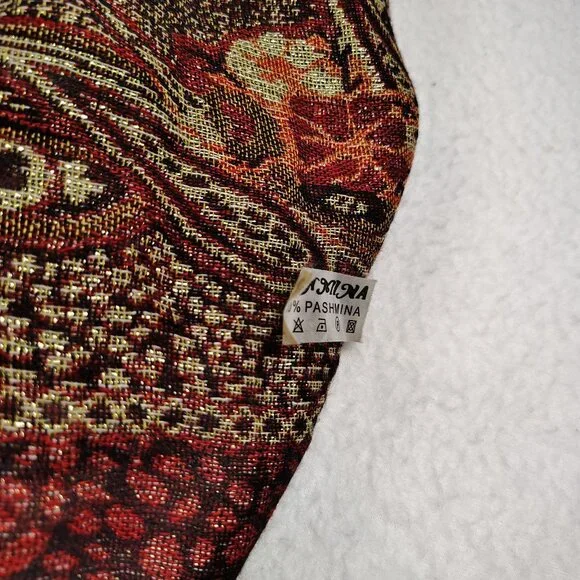 100% Pashmina Shawl 67.5 x 27 Red Orange Gold Shimmer Jacquard Paisley Fringe - Picture 7 of 12